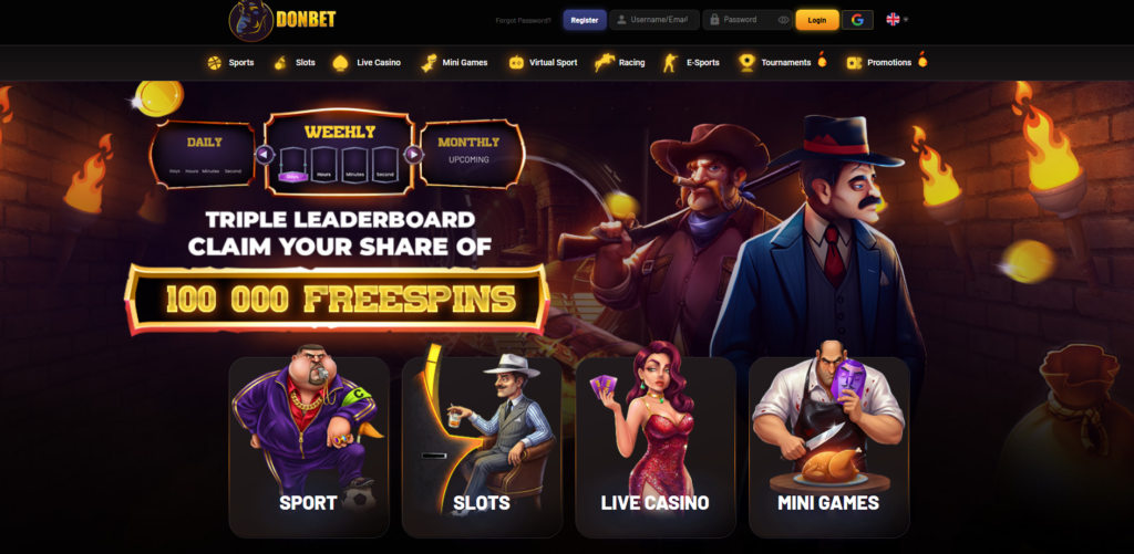 DonBet casino homepage featuring the Italian mafia theme, Don mascot and four welcome bonus options