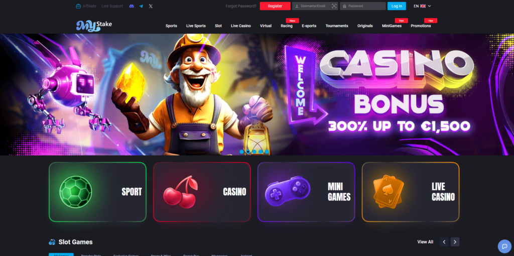 MyStake casino homepage showing the main navigation, game lobby and welcome bonus banner