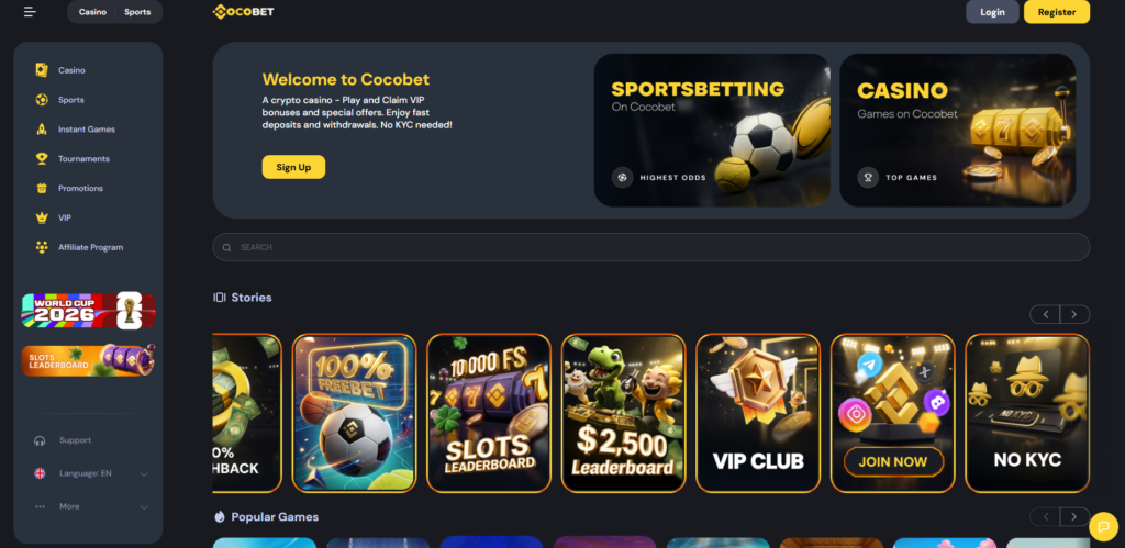 CocoBet homepage displaying the crypto casino interface and welcome cashback offer