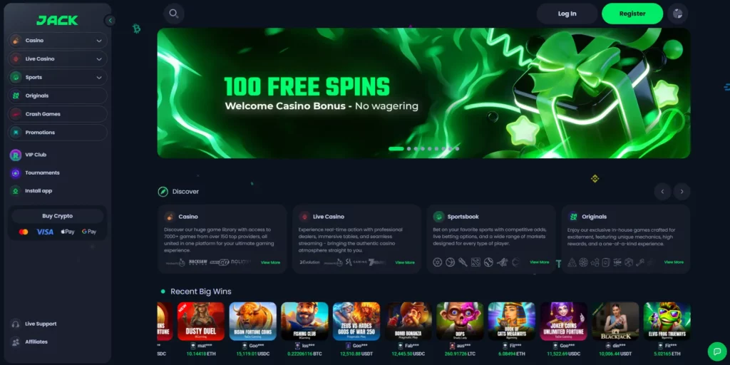 JACK casino homepage at jack.com showing the crypto-first interface, game lobby and rakeback promotion
